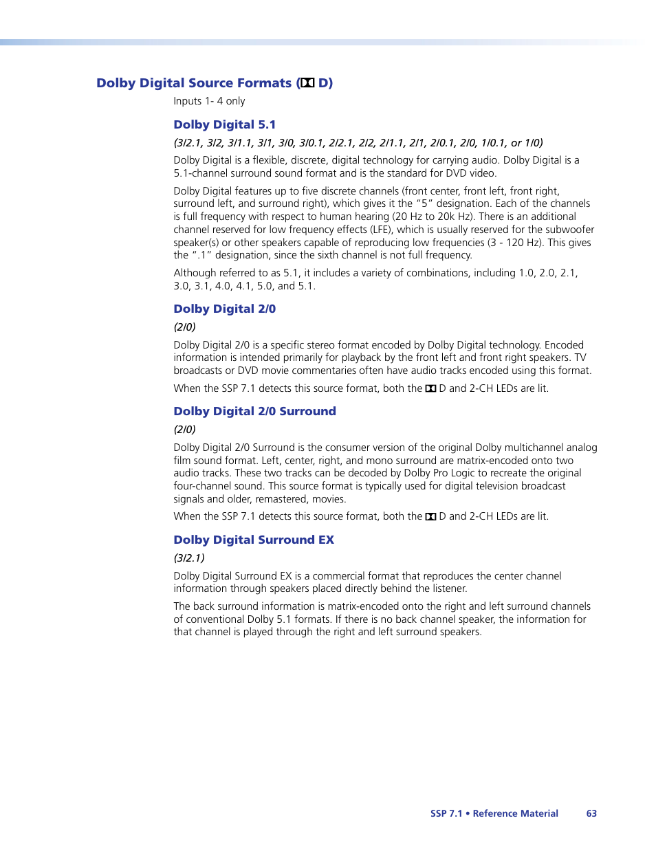 Dolby digital source formats (￼ d), Dolby digital source formats | Extron Electronics SSP 7.1 User Guide User Manual | Page 69 / 112