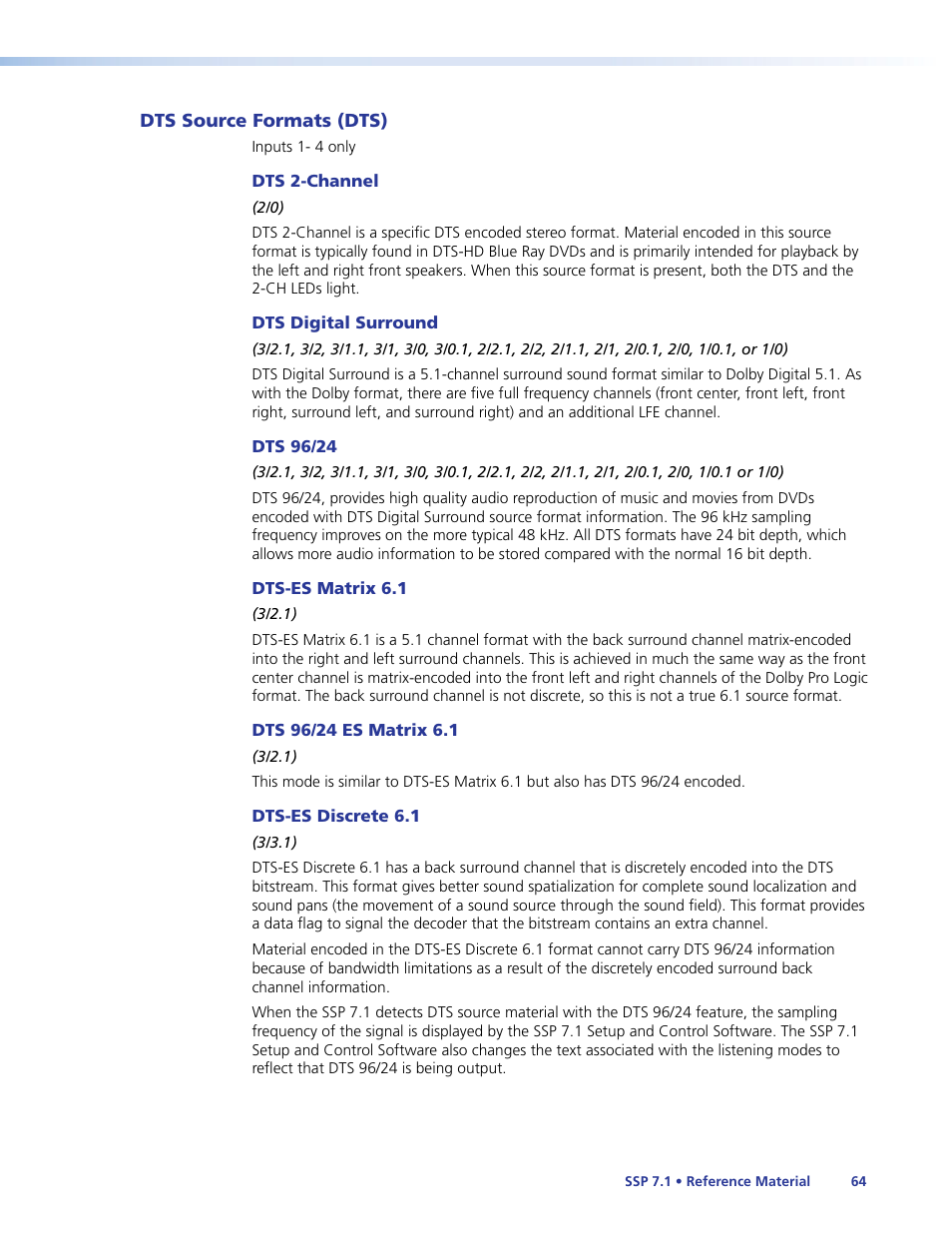 Dts source formats (dts) | Extron Electronics SSP 7.1 User Guide User Manual | Page 70 / 112