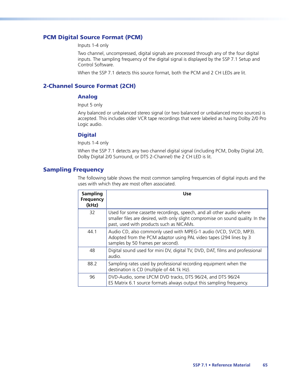 Pcm digital source format (pcm), Channel source format (2ch), Sampling frequency | Extron Electronics SSP 7.1 User Guide User Manual | Page 71 / 112