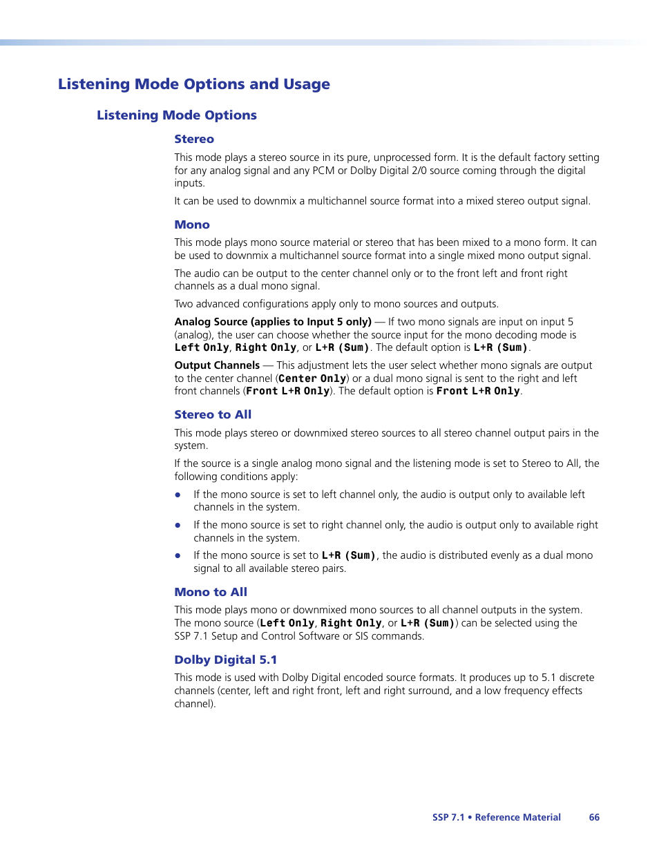 Listening mode options and usage, Listening mode options, Listening modes | And usage | Extron Electronics SSP 7.1 User Guide User Manual | Page 72 / 112