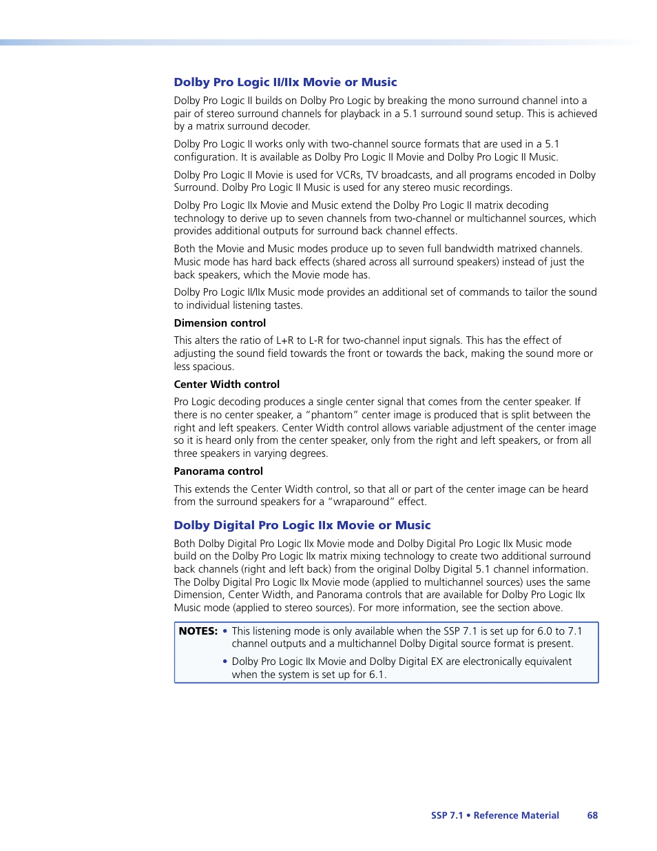 This listening mode, Dimension control, Panorama control | Information about, Center width control | Extron Electronics SSP 7.1 User Guide User Manual | Page 74 / 112