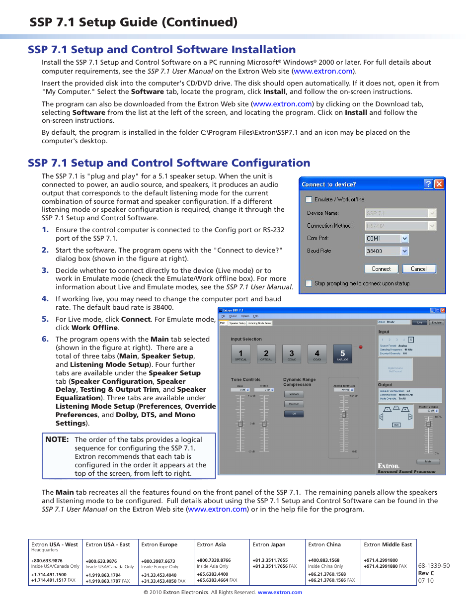 Ssp 7.1 setup and control software installation, Ssp 7.1 setup and control software configuration, Extron contact information | Ssp 7.1 setup guide (continued) | Extron Electronics SSP 7.1 Setup Guide User Manual | Page 2 / 2