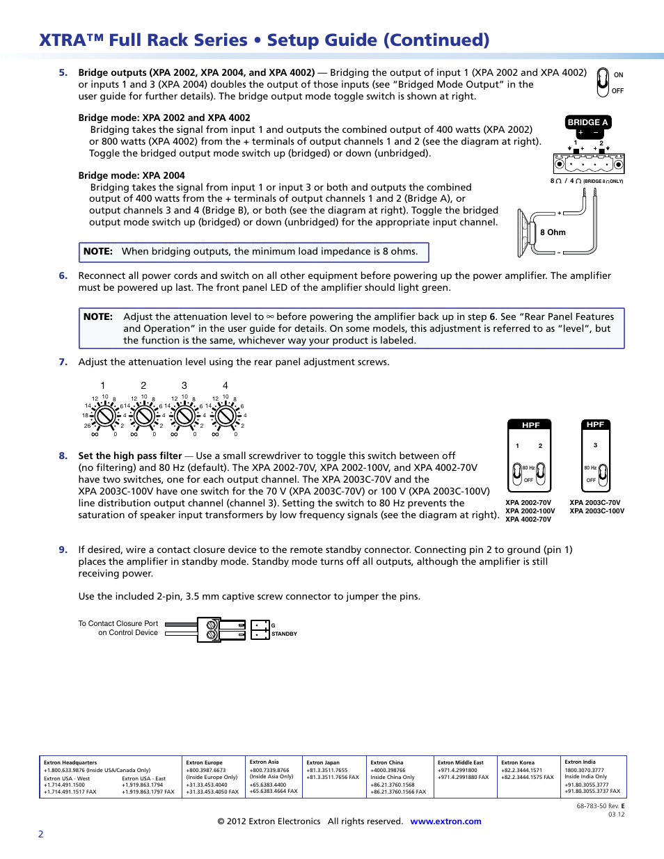 Xtra™ full rack series • setup guide (continued), Level, Bridge mode: xpa 2004 | Adjust the attenuation level to, Set the high pass filter | Extron Electronics XTRA Full Rack Series Setup Guide User Manual | Page 2 / 2