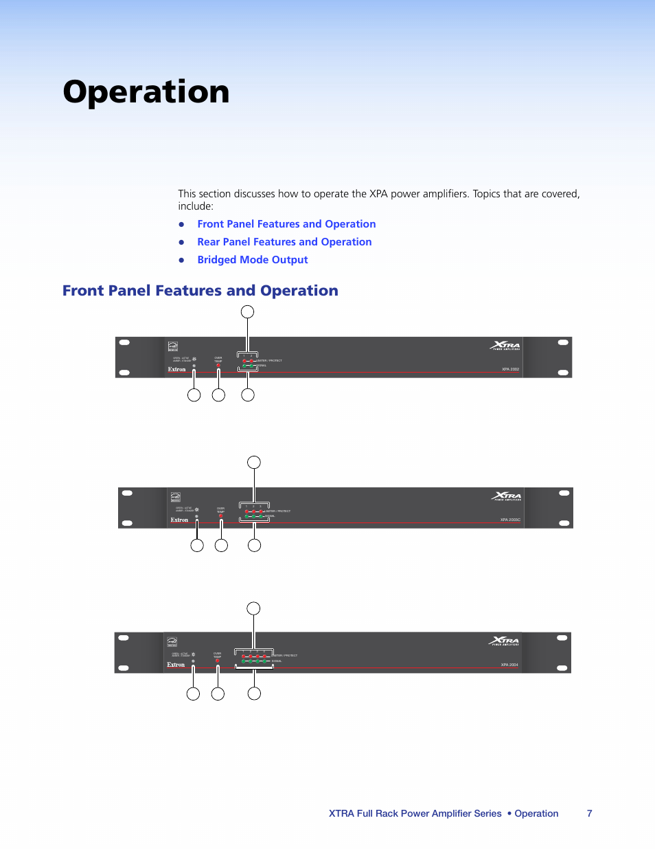 Operation, Front panel features and operation, Rear panel features and operation | Bridged mode output, Xpa 2004 front panel | Extron Electronics XTRA Full Rack Series User Guide User Manual | Page 12 / 33