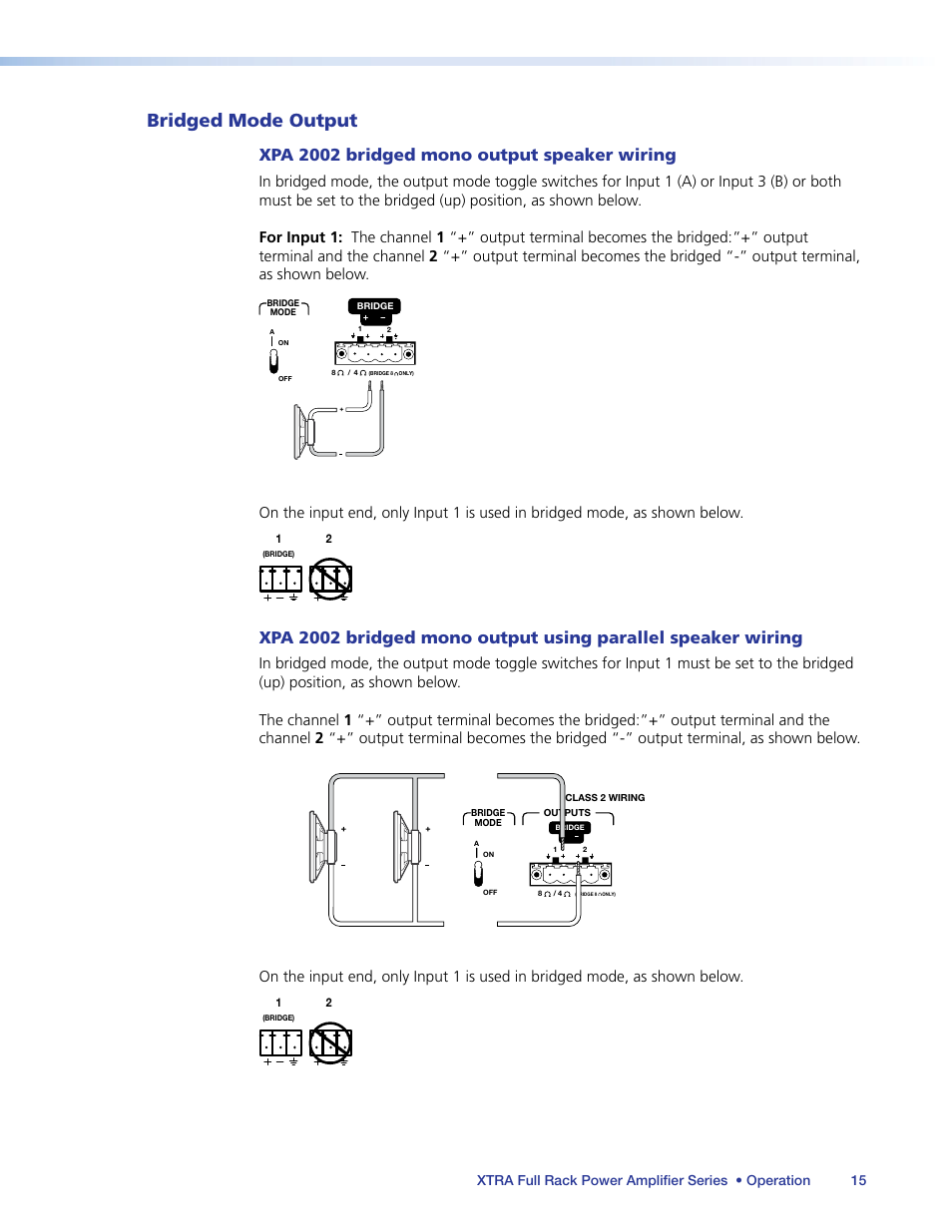 Bridged mode output, Xpa 2002 bridged mono output speaker wiring | Extron Electronics XTRA Full Rack Series User Guide User Manual | Page 20 / 33