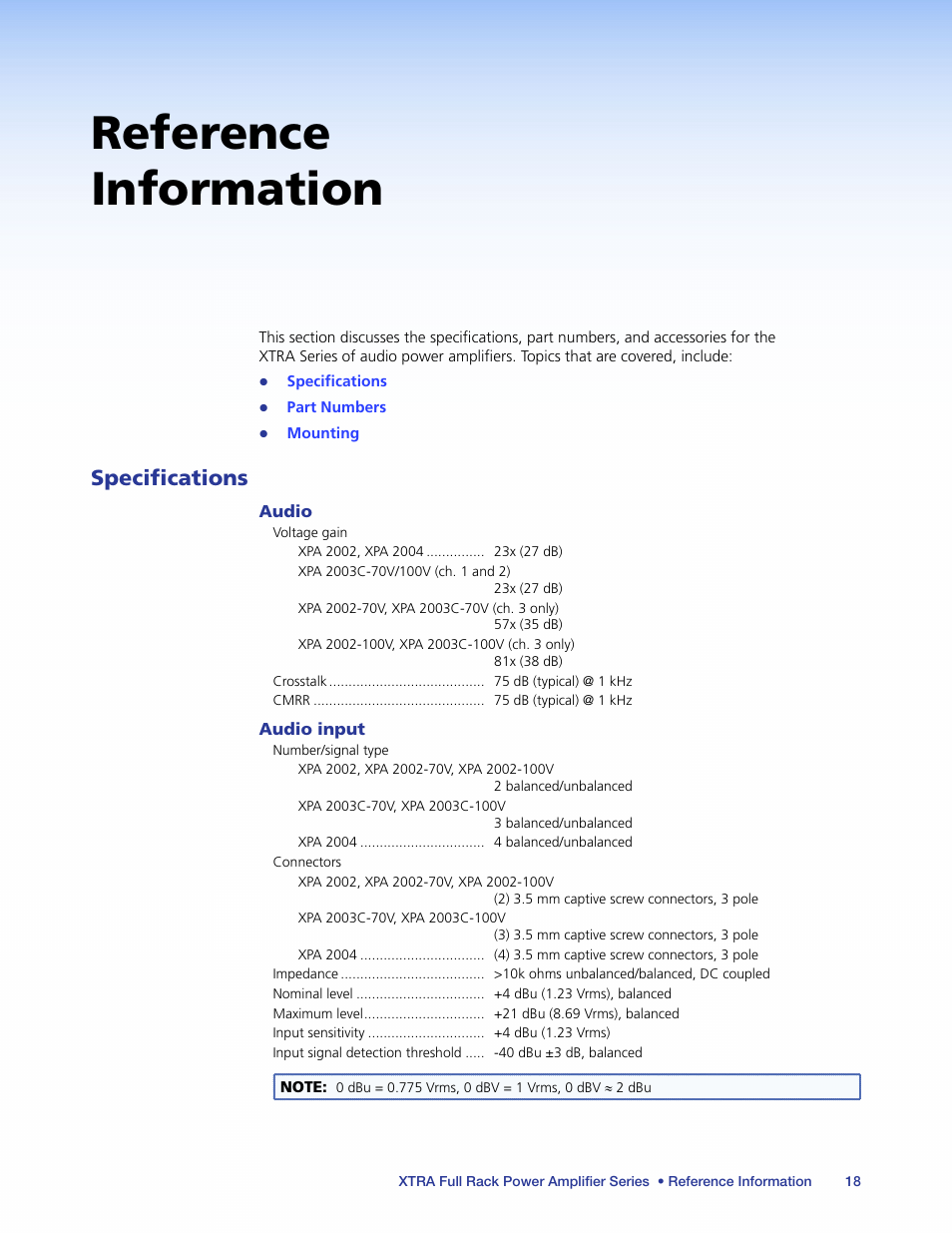 Reference information, Specifications | Extron Electronics XTRA Full Rack Series User Guide User Manual | Page 23 / 33