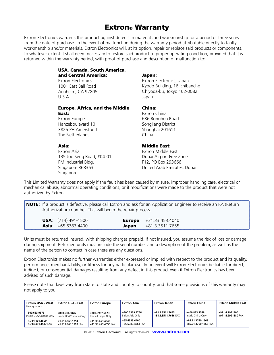 Inside rear cover: warranty, Extron, Warranty | Extron Electronics XTRA Full Rack Series User Guide User Manual | Page 33 / 33