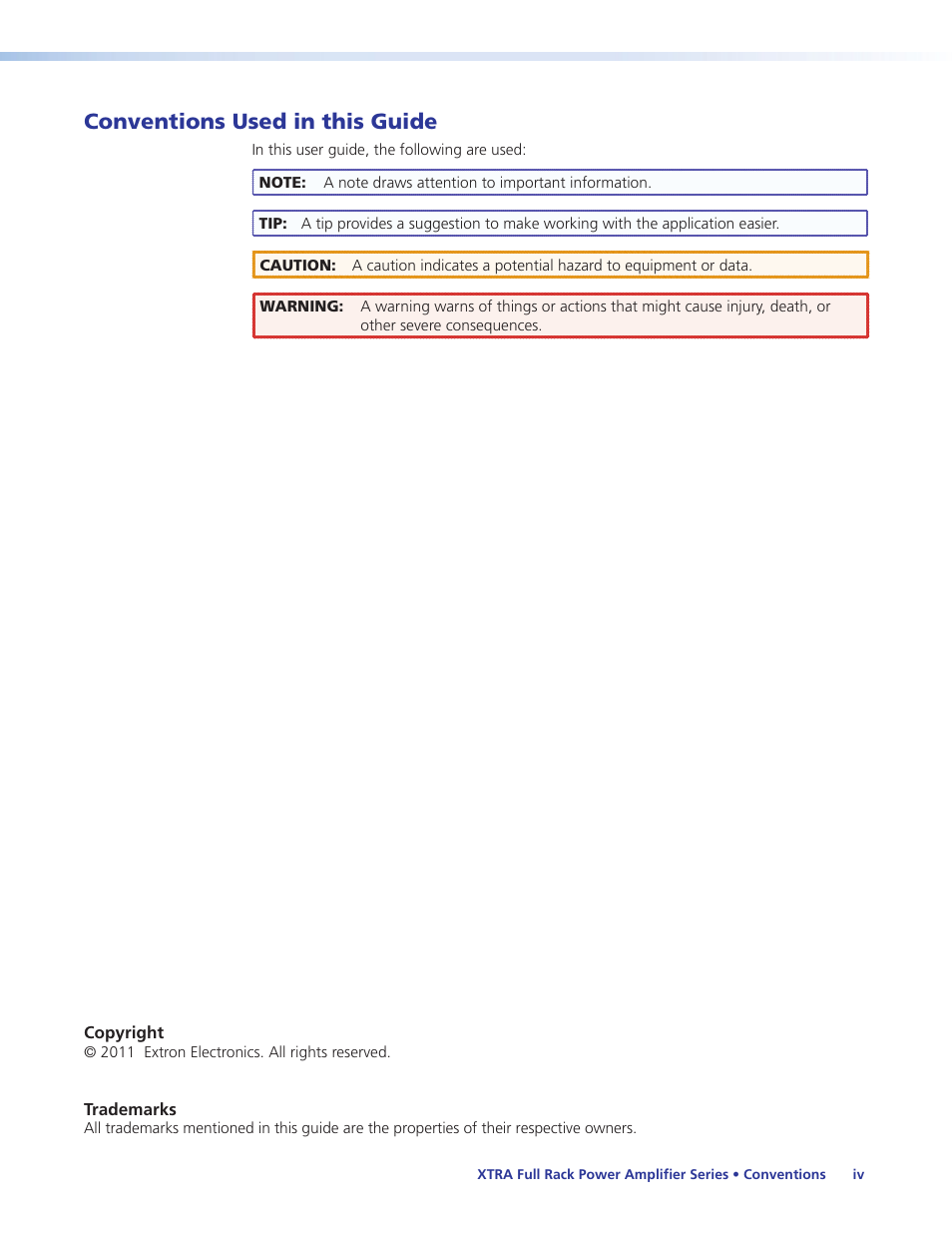 Conventions used in this guide | Extron Electronics XTRA Full Rack Series User Guide User Manual | Page 4 / 33