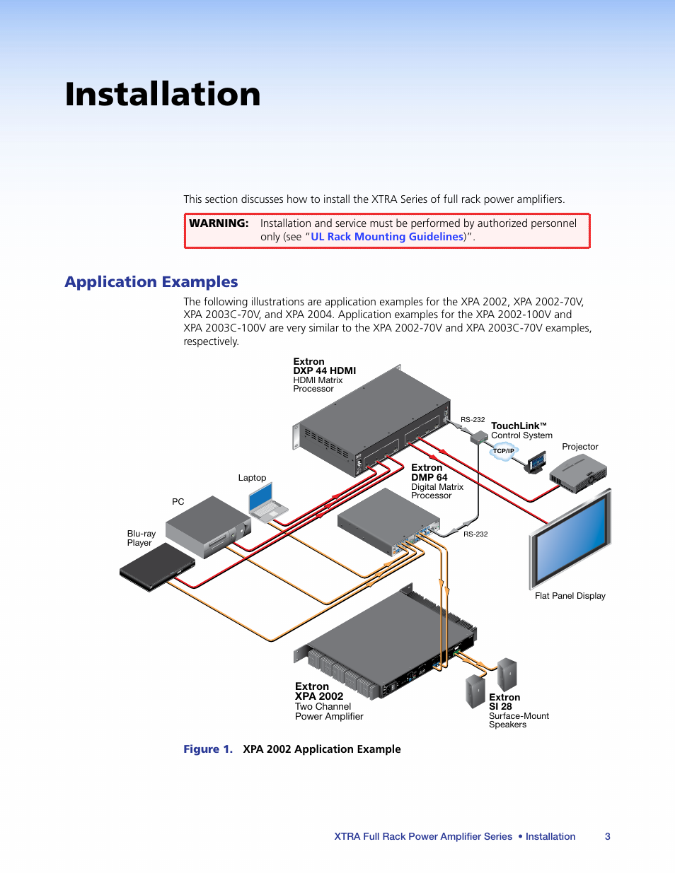 Installation, Application examples | Extron Electronics XTRA Full Rack Series User Guide User Manual | Page 8 / 33