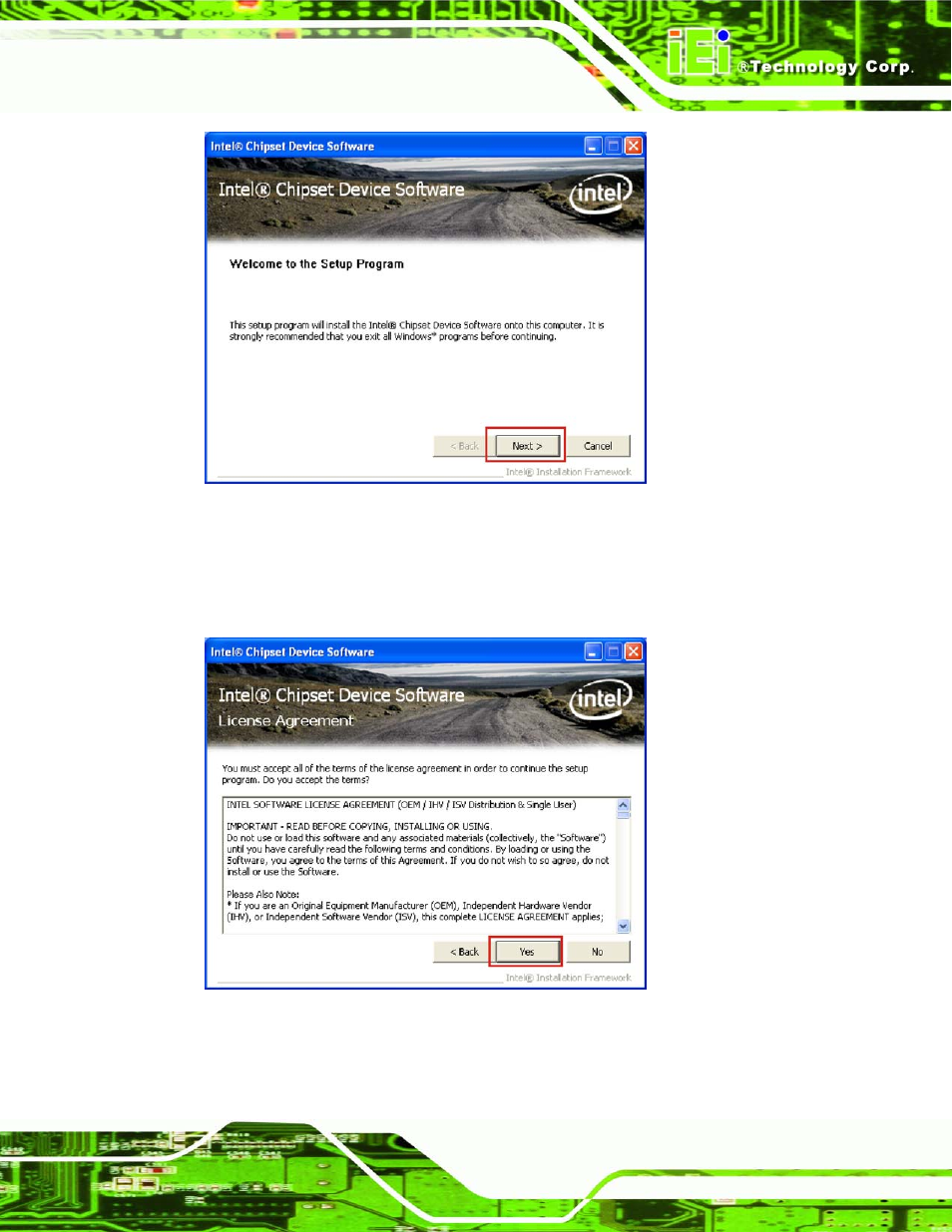 Figure 7-4: chipset driver welcome screen, Figure 7-5: chipset driver license agreement | IEI Integration SPCIE-5100DX User Manual | Page 147 / 180