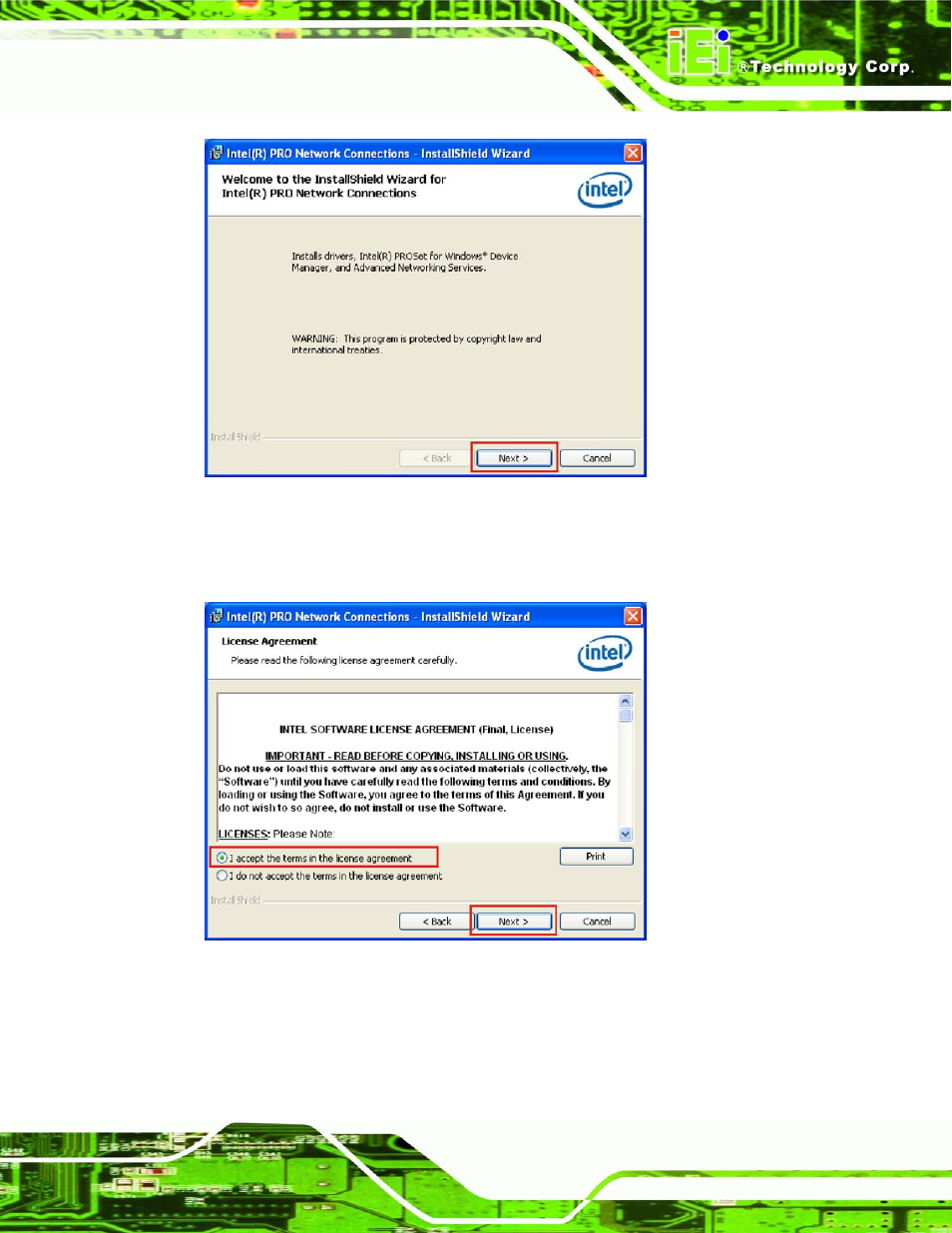 Figure 7-13: lan driver welcome screen, Figure 7-14: lan driver license agreement | IEI Integration SPCIE-5100DX User Manual | Page 153 / 180