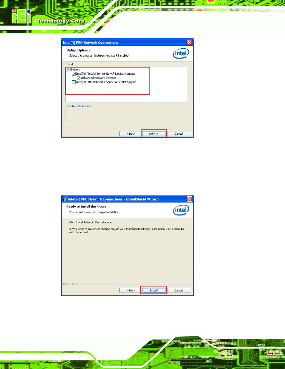 Figure 7-15: lan driver setup options, Figure 7-16: lan driver installation ready window | IEI Integration SPCIE-5100DX User Manual | Page 154 / 180
