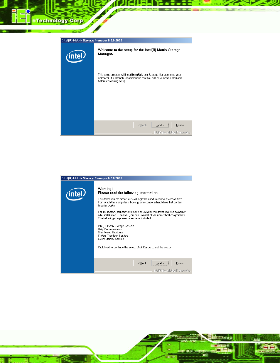 Figure 7-25: matrix storage manager welcome screen, Figure 7-26: matrix storage manager warning screen | IEI Integration SPCIE-5100DX User Manual | Page 160 / 180