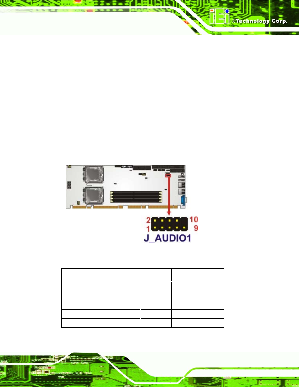 2 internal peripheral connectors, 1 audio connector, Nternal | Eripheral, Onnectors, Figure 3-2: audio connector location (9-pin), Table 3-3: audio connector pinouts | IEI Integration SPCIE-5100DX User Manual | Page 35 / 180