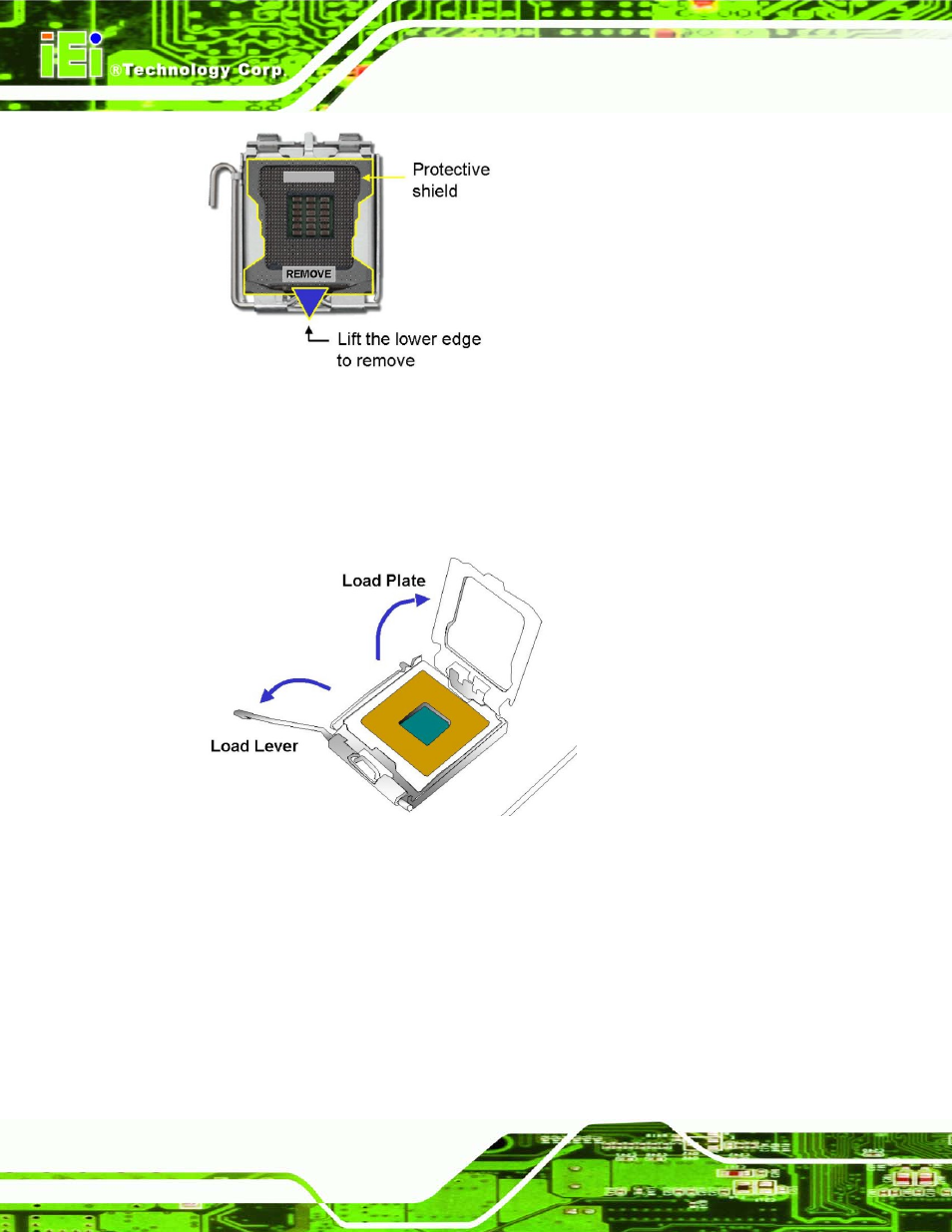 Figure 4-2: remove protective cover, Figure 4-3: cpu socket load plate | IEI Integration SPCIE-5100DX User Manual | Page 60 / 180