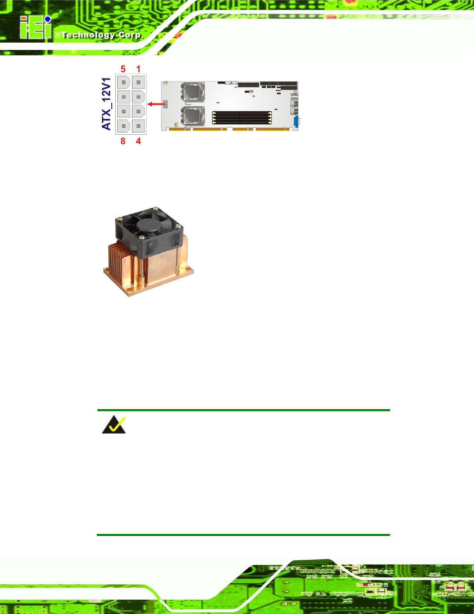 3 cooling kit installation, Figure 4-5: cpu 12v power connector, Figure 4-6: iei lga771 cooling kit | IEI Integration SPCIE-5100DX User Manual | Page 62 / 180