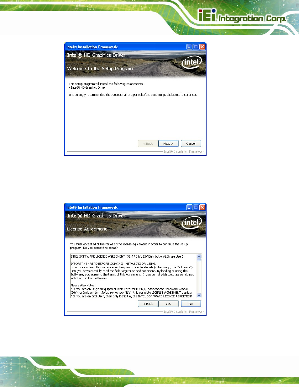 Figure 6-9: graphics driver welcome screen, Figure 6-10: graphics driver license agreement | IEI Integration SPCIE-C2060 v2.12 User Manual | Page 127 / 212