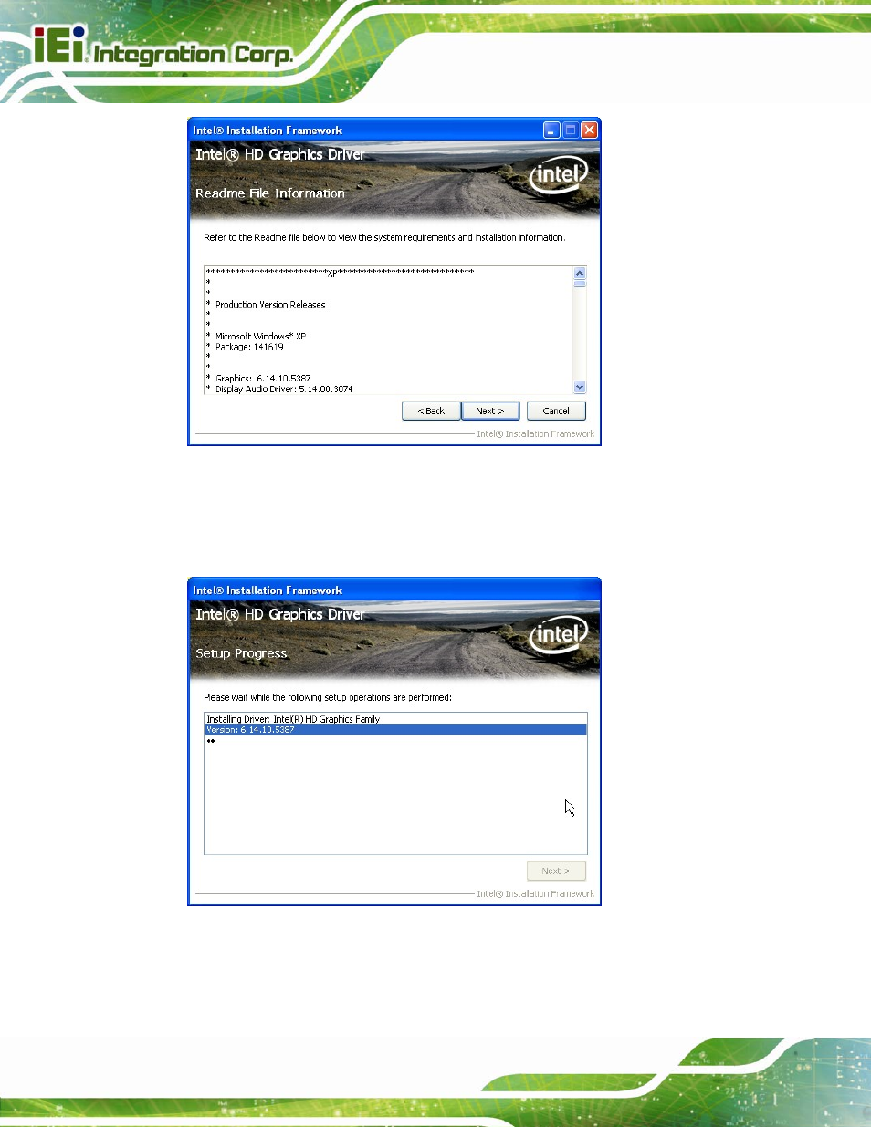 Figure 6-11: graphics driver read me file, Figure 6-12: graphics driver setup operations | IEI Integration SPCIE-C2060 v2.12 User Manual | Page 128 / 212