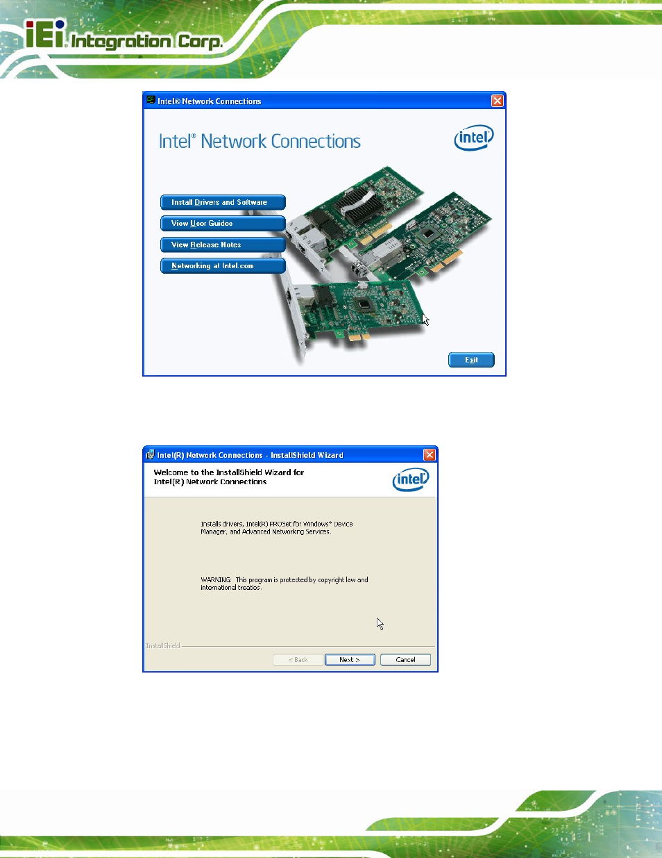 Figure 6-14: intel® network connection menu, Figure 6-15: lan driver welcome screen | IEI Integration SPCIE-C2060 v2.12 User Manual | Page 130 / 212