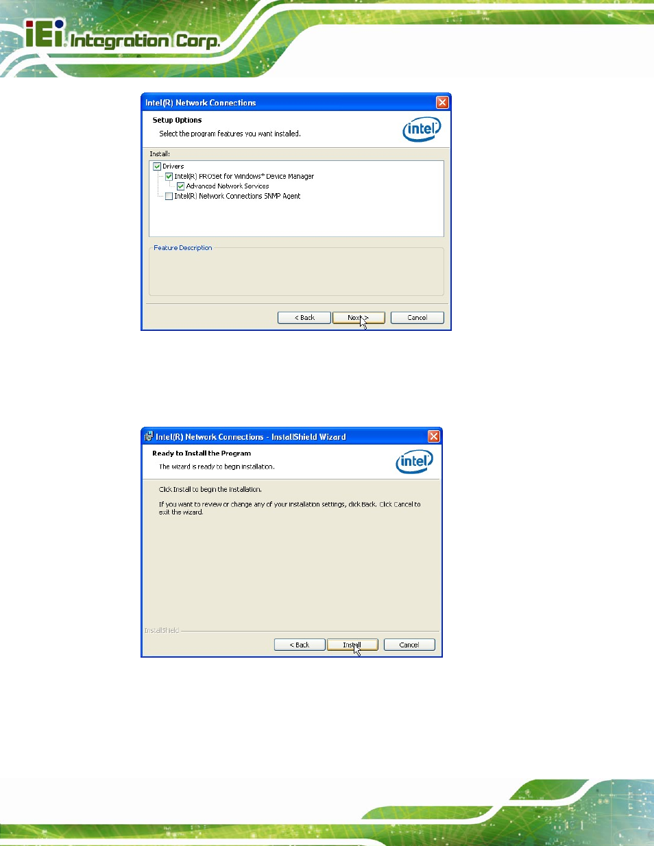 Figure 6-17: lan driver setup options, Figure 6-18: lan driver installation | IEI Integration SPCIE-C2060 v2.12 User Manual | Page 132 / 212