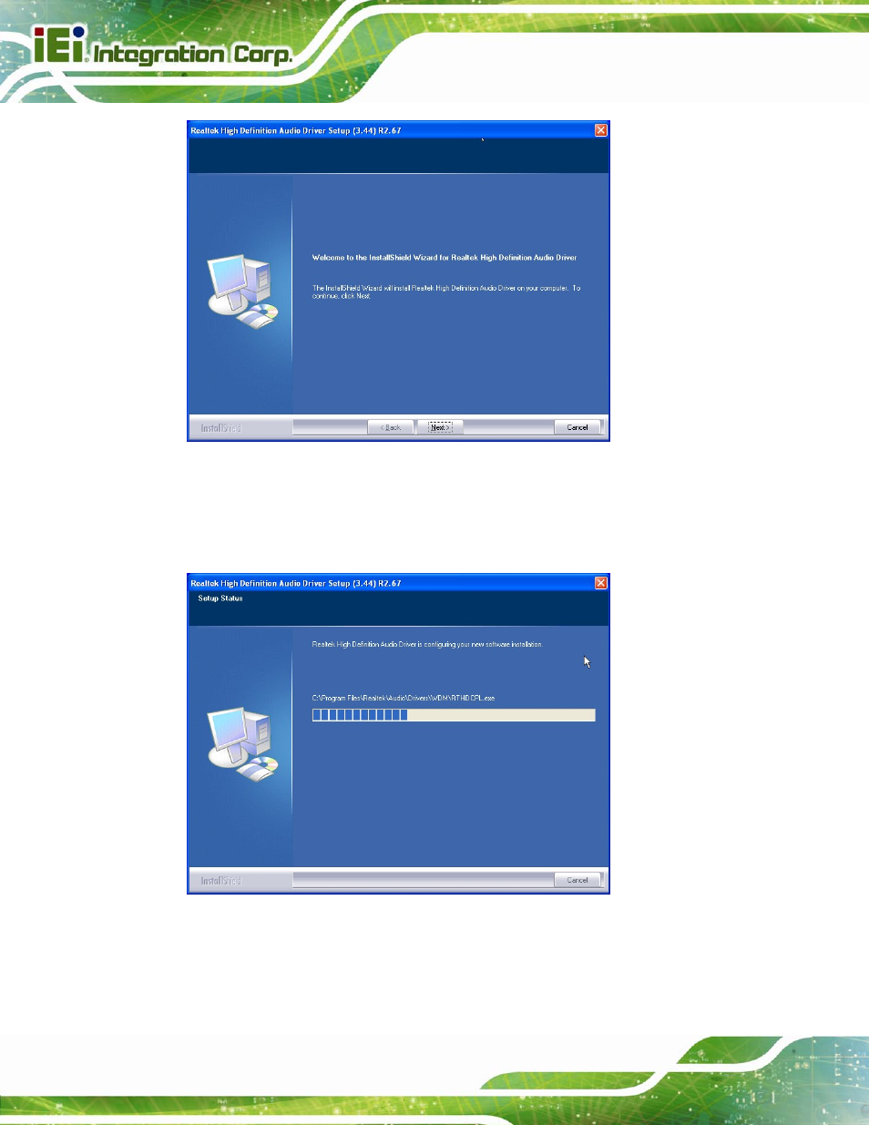 Figure 6-20: installshield wizard welcome screen, Figure 6-21: audio driver software configuration | IEI Integration SPCIE-C2060 v2.12 User Manual | Page 134 / 212