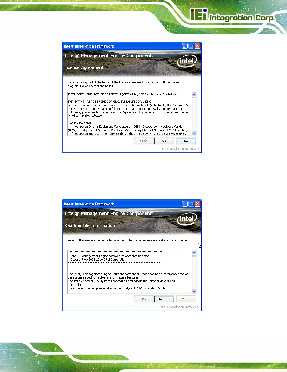 Figure 6-30: intel® me driver license agreement, Figure 6-31: intel® me driver read me file | IEI Integration SPCIE-C2060 v2.12 User Manual | Page 141 / 212