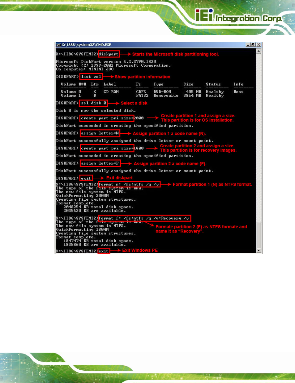 Figure b-5: partition creation commands | IEI Integration SPCIE-C2060 v2.12 User Manual | Page 161 / 212