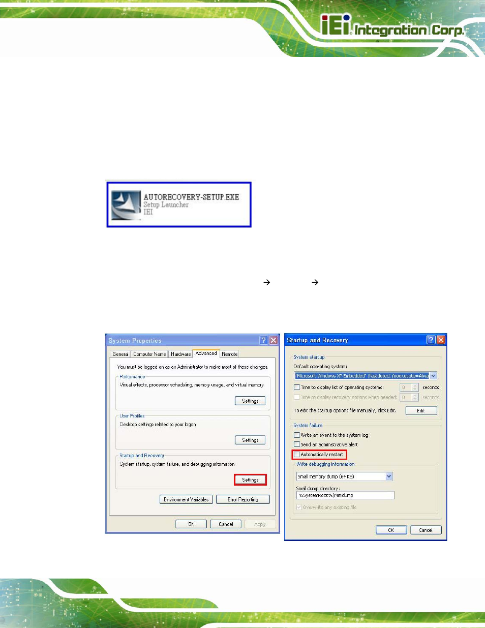 Figure b-22: auto recovery utility, Figure b-23: disable automatically restart | IEI Integration SPCIE-C2060 v2.12 User Manual | Page 171 / 212