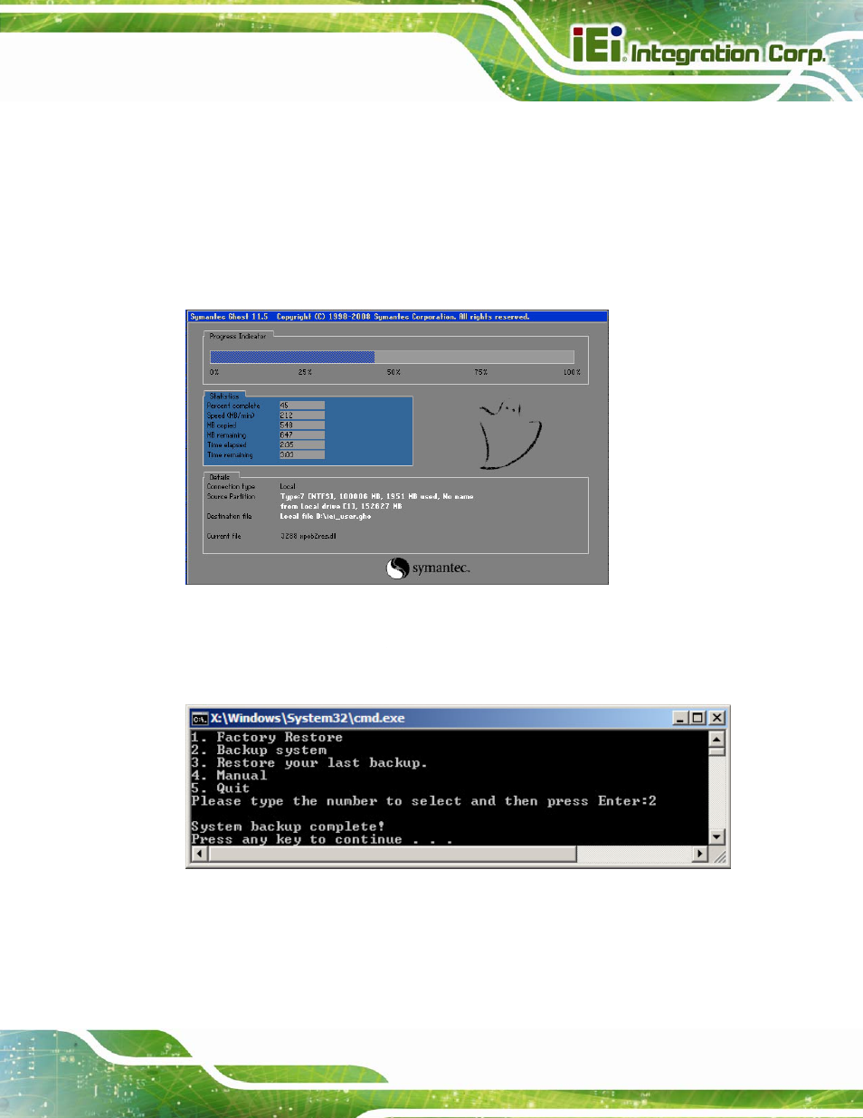 B.5.2 backup system, Figure b-37: backup system, Figure b-38: system backup complete window | IEI Integration SPCIE-C2060 v2.12 User Manual | Page 181 / 212