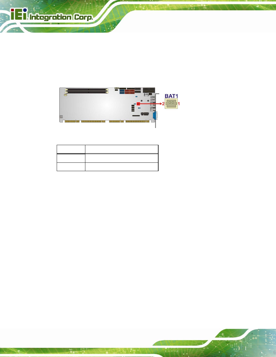 4 ddr3 dimm slots, Figure 3-4: battery connector location, Table 3-5: battery connector (bt2) pinouts | IEI Integration SPCIE-C2060 v2.12 User Manual | Page 36 / 212