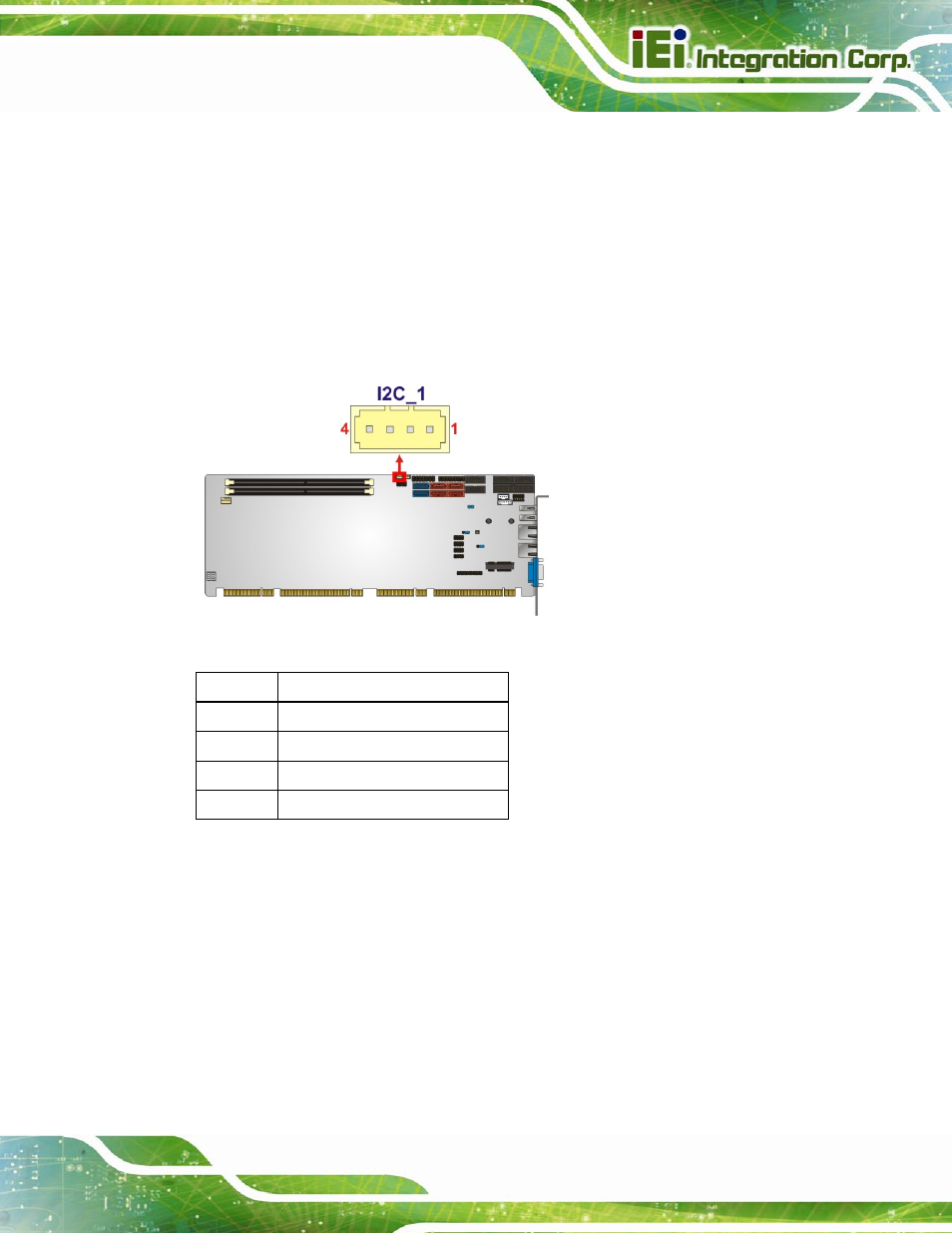 9 i2c connector, 10 infrared interface connector, C connector | Figure 3-10: i, C connector location, Table 3-10: i, C connector pinouts | IEI Integration SPCIE-C2060 v2.12 User Manual | Page 41 / 212