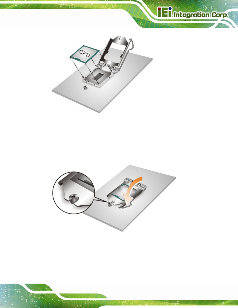 Figure 4-3: insert the socket lga1155 cpu, Figure 4-4: close the socket lga1155 | IEI Integration SPCIE-C2060 v2.12 User Manual | Page 61 / 212