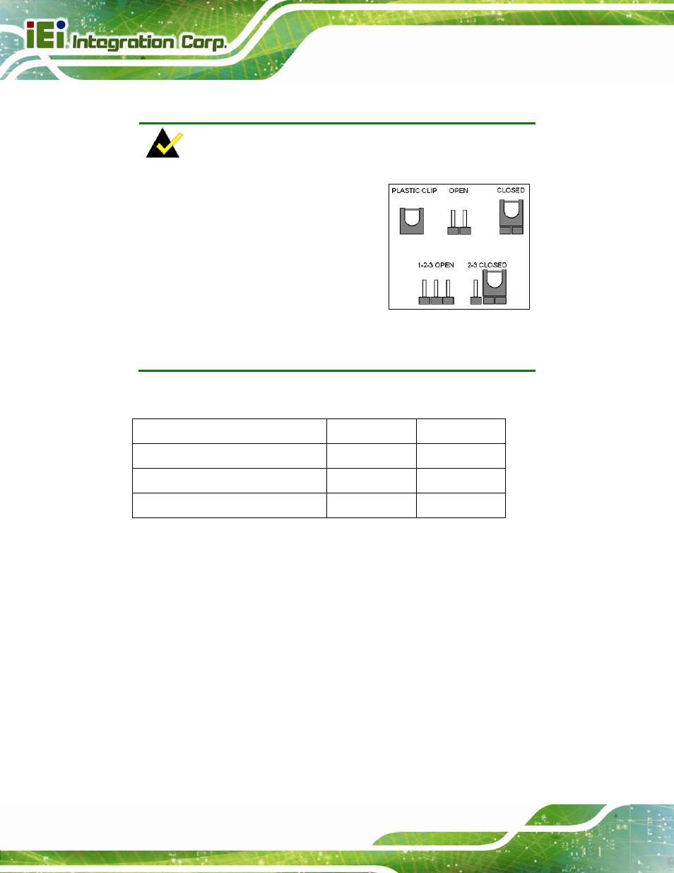 3 jumper settings, 1 at/atx power select jumper, Umper | Ettings, Table 4-1: jumpers | IEI Integration SPCIE-C2060 v2.12 User Manual | Page 64 / 212