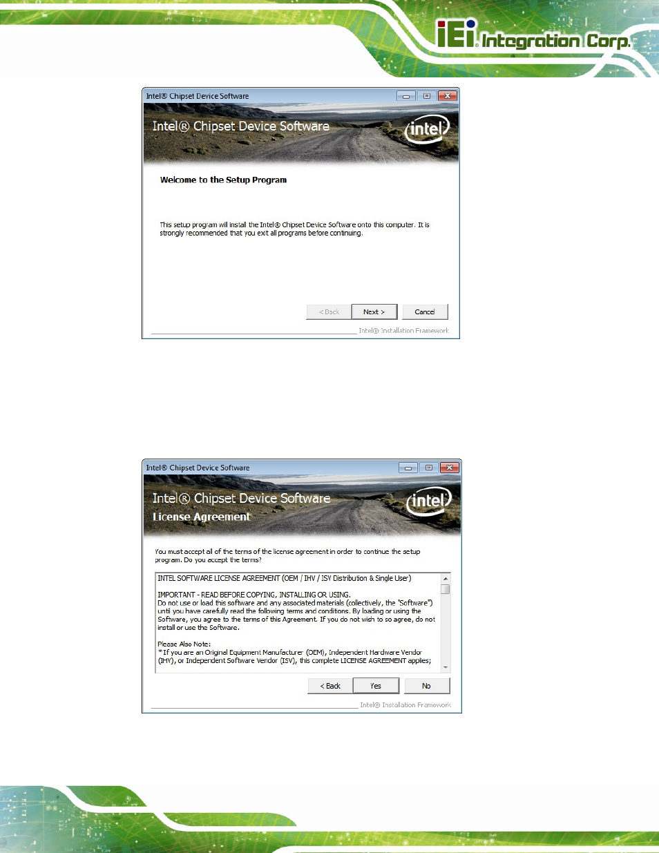 Figure 6-2: chipset driver welcome screen, Figure 6-3: chipset driver license agreement | IEI Integration SPCIE-C2160 User Manual | Page 123 / 204