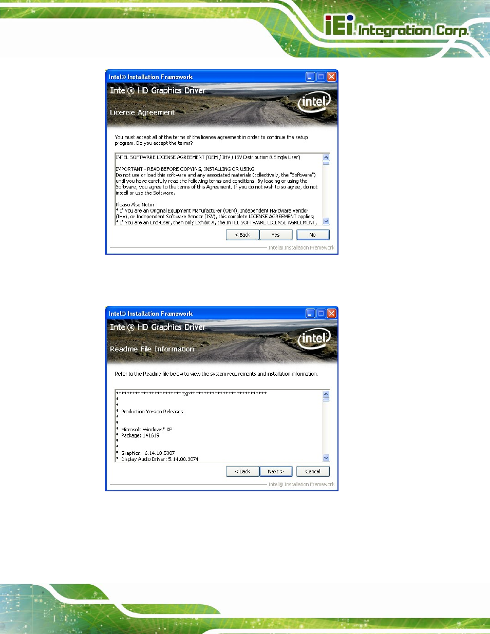 Figure 6-8: graphics driver license agreement, Figure 6-9: graphics driver read me file | IEI Integration SPCIE-C2160 User Manual | Page 127 / 204