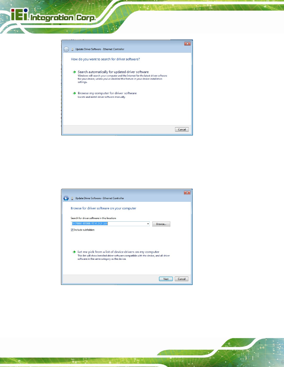 Figure 6-15: update driver software window, Figure 6-16: locate driver files | IEI Integration SPCIE-C2160 User Manual | Page 132 / 204