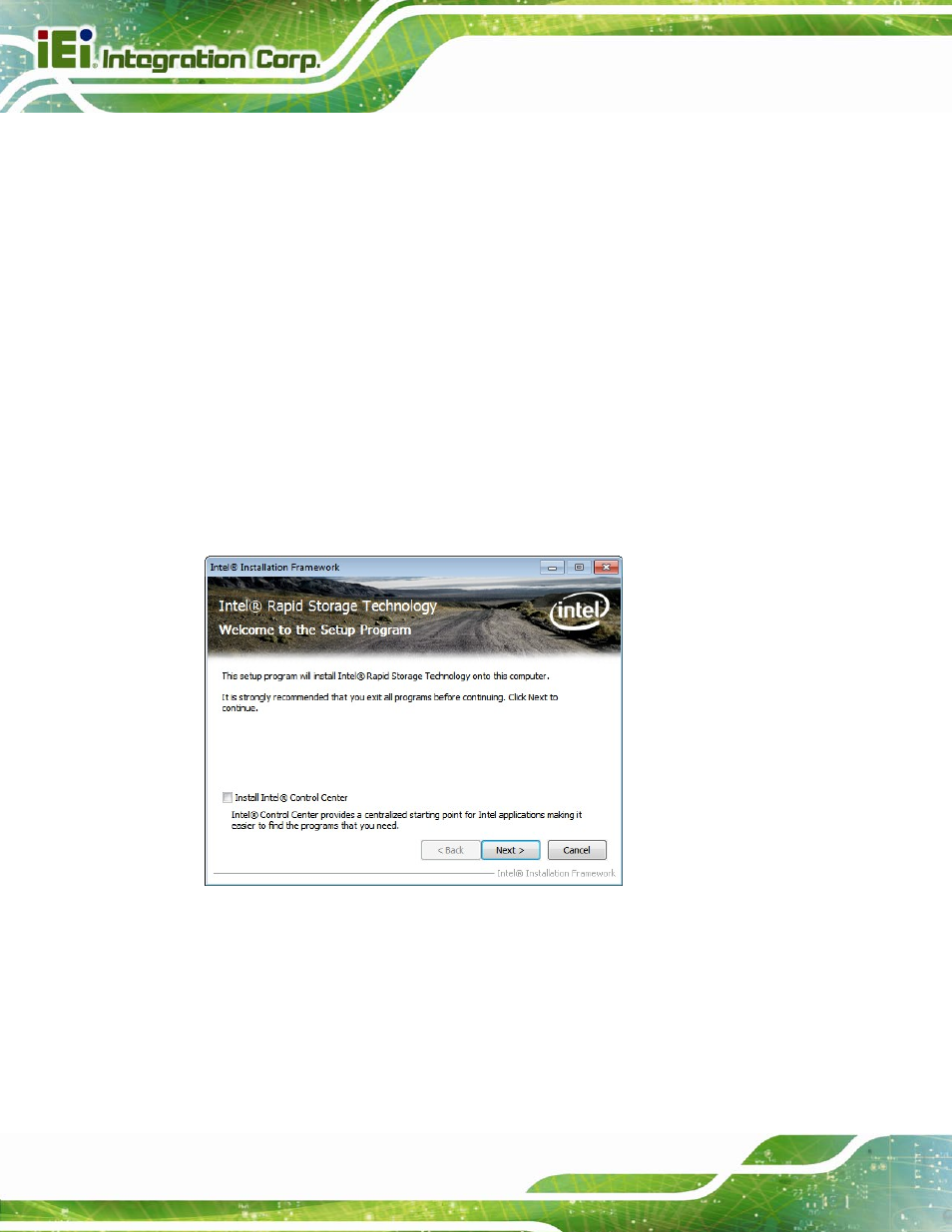 Ntel, Apid, Torage | Echnology, River, Nstallation, Figure 6-22: sata raid driver welcome screen | IEI Integration SPCIE-C2160 User Manual | Page 136 / 204
