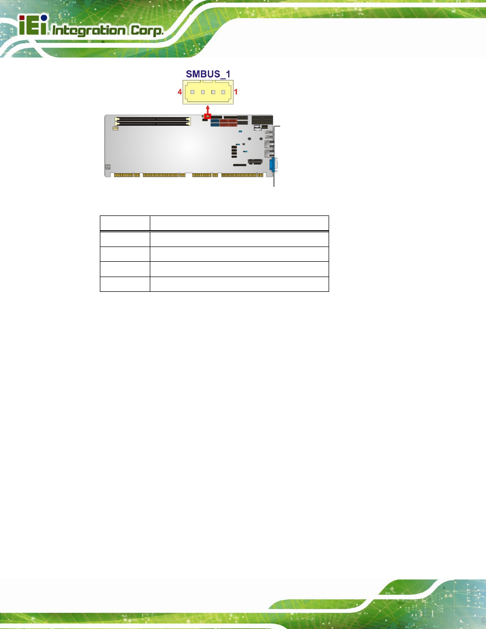 19 spi rom connector, Figure 3-19: smbus connector location, Table 3-20: smbus connector pinouts | IEI Integration SPCIE-C2160 User Manual | Page 50 / 204