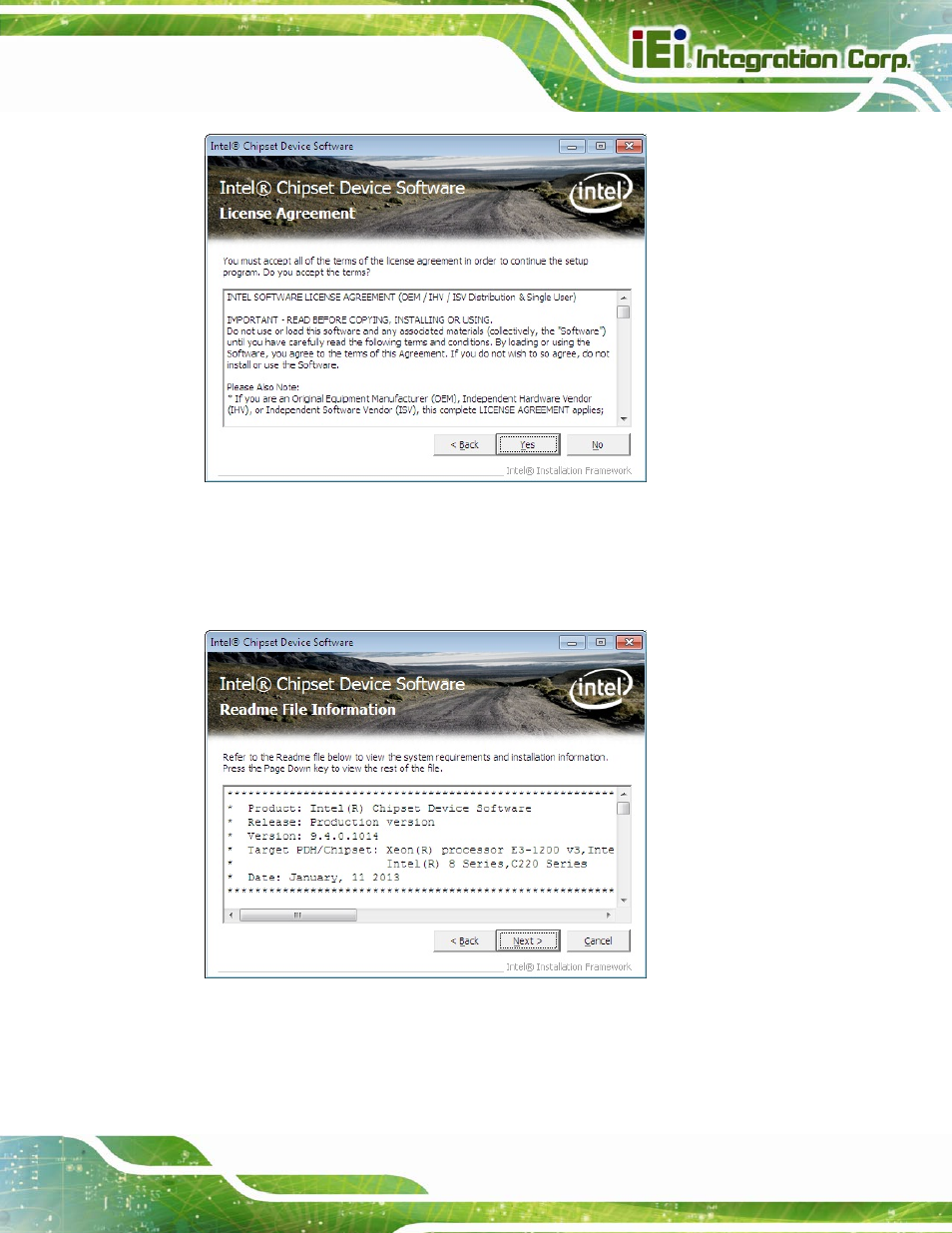 Figure 6-4: chipset driver license agreement, Figure 6-5: chipset driver read me file | IEI Integration SPCIE-C2260-i2 User Manual | Page 136 / 217