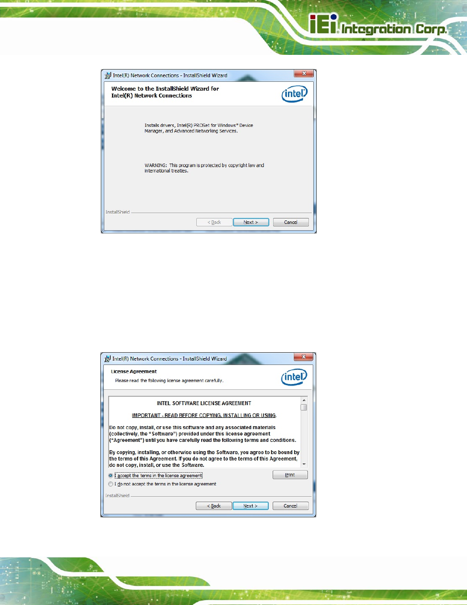 Figure 6-14: lan driver welcome screen, Figure 6-15: lan driver license agreement | IEI Integration SPCIE-C2260-i2 User Manual | Page 142 / 217