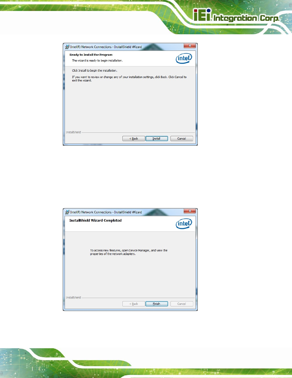 Figure 6-17: lan driver installation, Figure 6-18: lan driver installation complete | IEI Integration SPCIE-C2260-i2 User Manual | Page 144 / 217