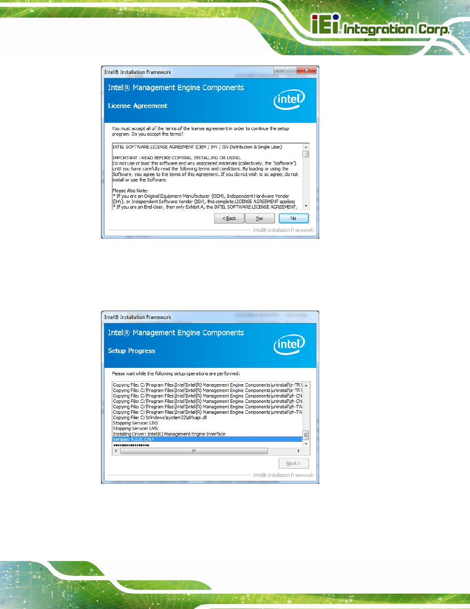 Figure 6-28: intel® me driver license agreement, Figure 6-29: intel® me driver setup operations | IEI Integration SPCIE-C2260-i2 User Manual | Page 152 / 217