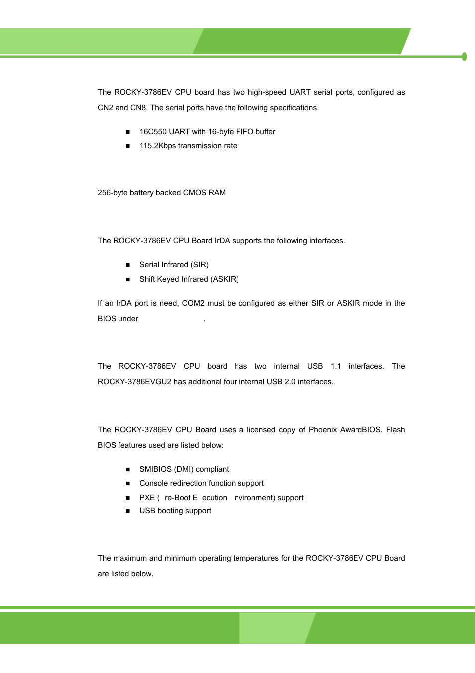 10 real time clock, 11 infrared data association (irda) interface, 12 usb interfaces | 13 bios, 14 operating temperature and temperature control | IEI Integration ROCKY-3786 v4.0 User Manual | Page 32 / 175