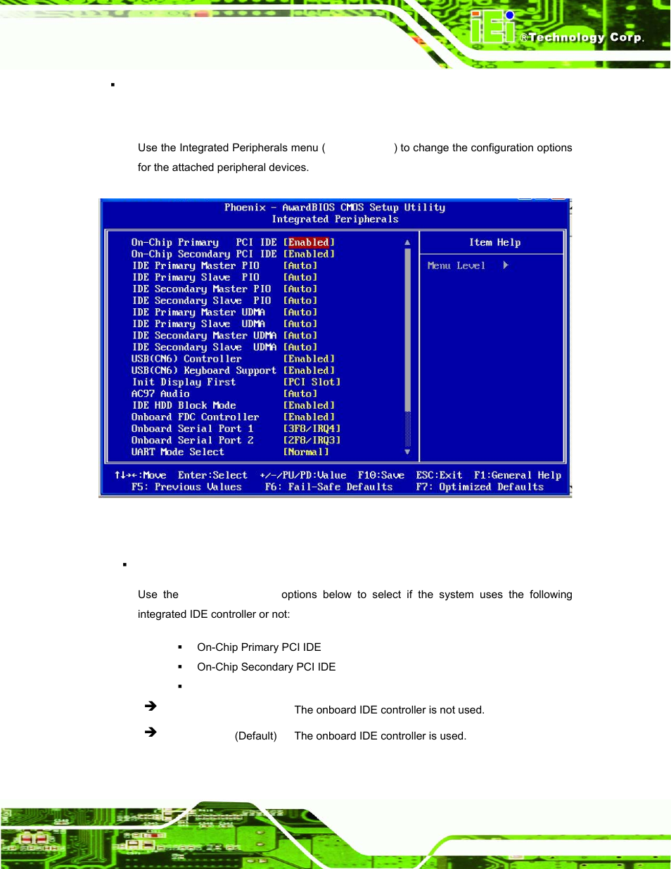5 integrated peripherals, Ntegrated, Eripherals | Bios menu 5: integrated peripherals | IEI Integration ROCKY-3786 v4.10 User Manual | Page 101 / 147