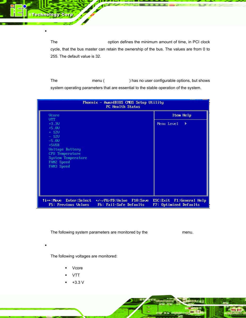 8 pc health status, Ealth, Tatus | Bios menu 8: pc health status | IEI Integration ROCKY-3786 v4.10 User Manual | Page 116 / 147
