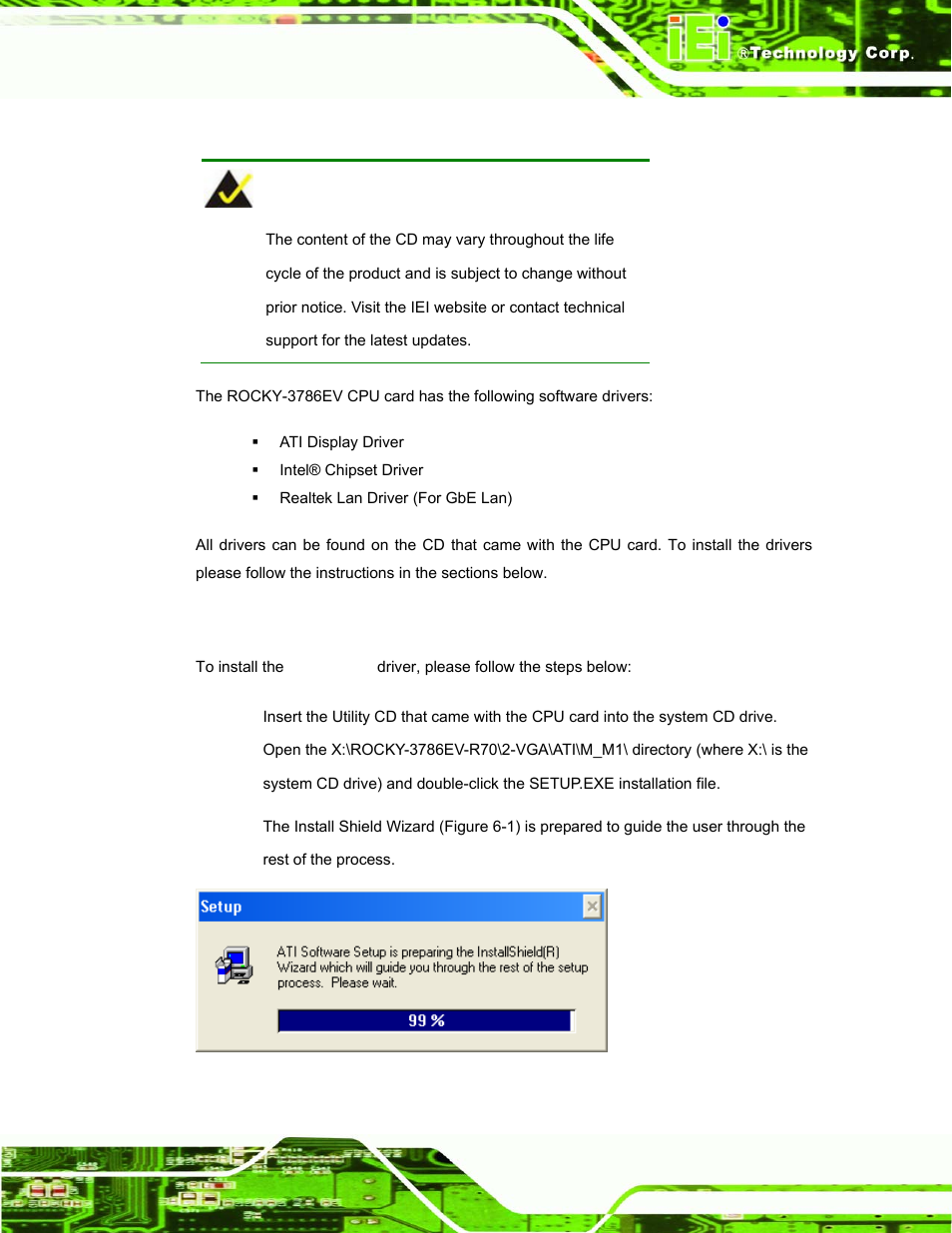 1 available software drivers, 2 ati display driver, Isplay | River, Figure 6-6: ati software setup | IEI Integration ROCKY-3786 v4.10 User Manual | Page 121 / 147