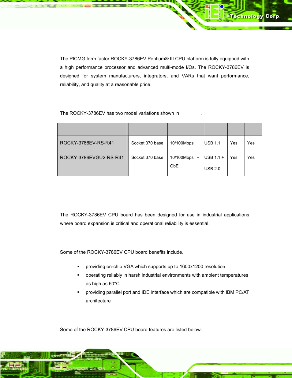 1 rocky-3786ev cpu board overview, 1 rocky-3786ev model variations, 2 rocky-3786ev cpu board applications | 3 rocky-3786ev cpu board benefits, 4 rocky-3786ev cpu board features, Rocky-3786ev, Oard, Verview, Table 1-1: rocky-3786ev model variations | IEI Integration ROCKY-3786 v4.10 User Manual | Page 13 / 147