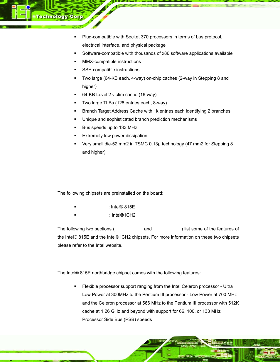 2 onboard chipsets, 1 northbridge and southbridge chipsets, 2 intel® 815e northbridge chipset | Nboard, Hipsets | IEI Integration ROCKY-3786 v4.10 User Manual | Page 20 / 147