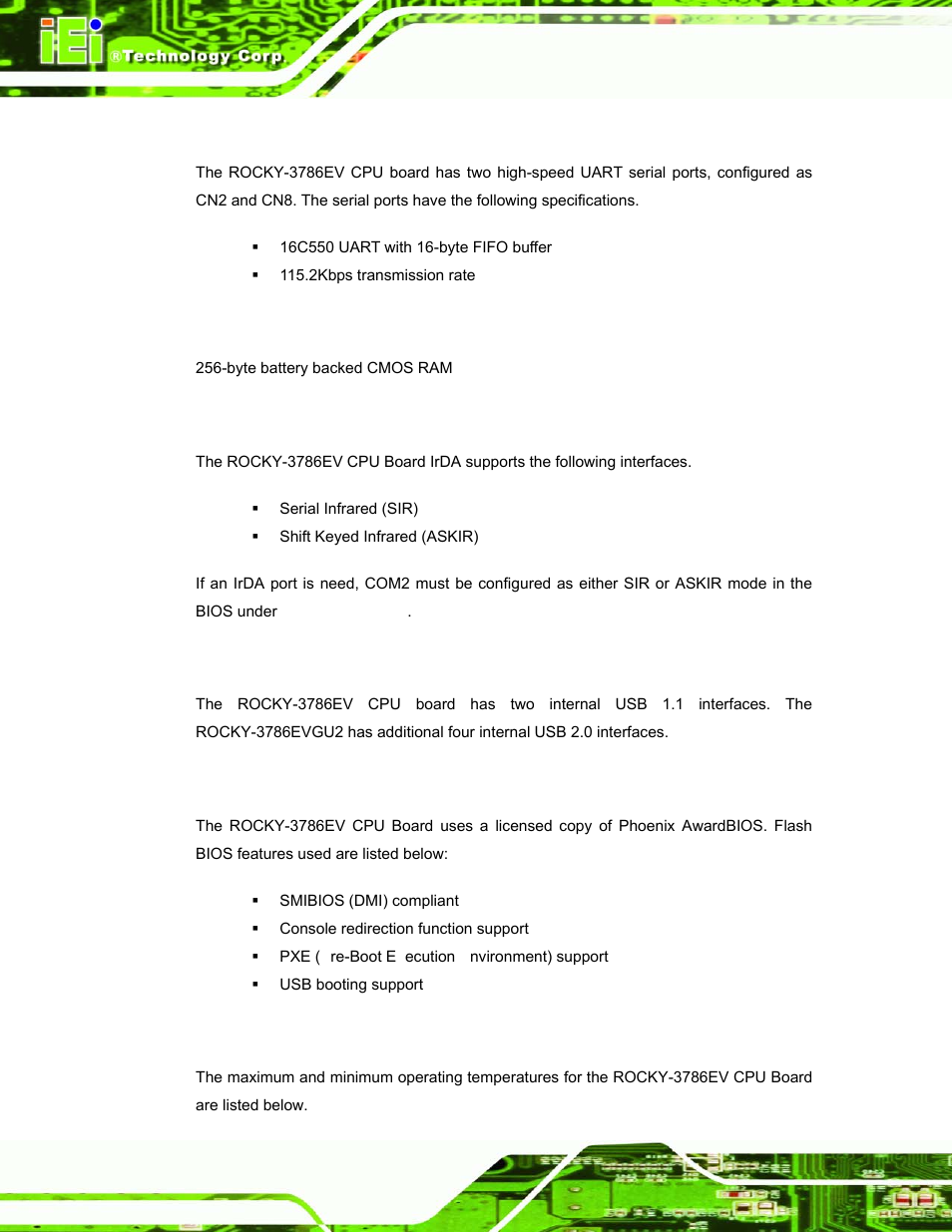 9 serial ports, 10 real time clock, 11 infrared data association (irda) interface | 12 usb interfaces, 13 bios, 14 operating temperature and temperature control, Erial, Orts, Lock, Nfrared | IEI Integration ROCKY-3786 v4.10 User Manual | Page 28 / 147