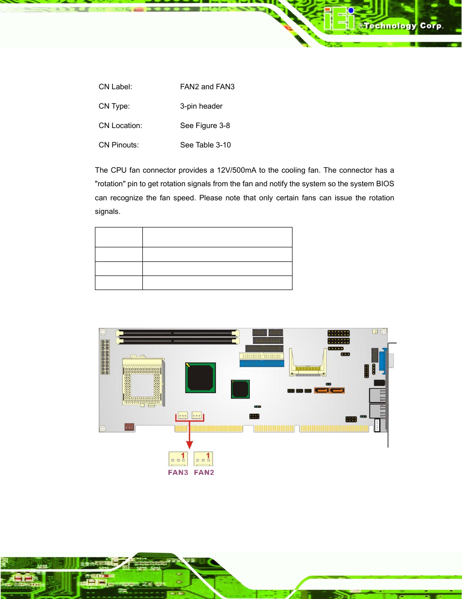 7 cpu fan connector, Figure 3-8 cpu fan connector locations, Table 3-10 cpu fan connector pinouts | IEI Integration ROCKY-3786 v4.10 User Manual | Page 43 / 147